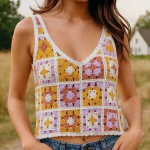 Rebellion Again Multicolor Patchwork Crochet Granny Square Tank Top